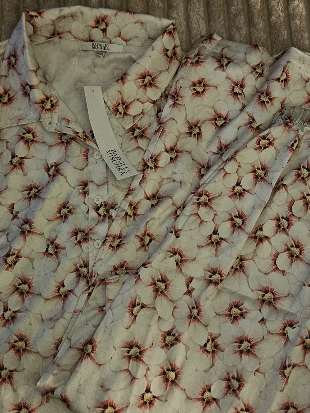 Badgley Mischka White Blouse with Pink Floral Print